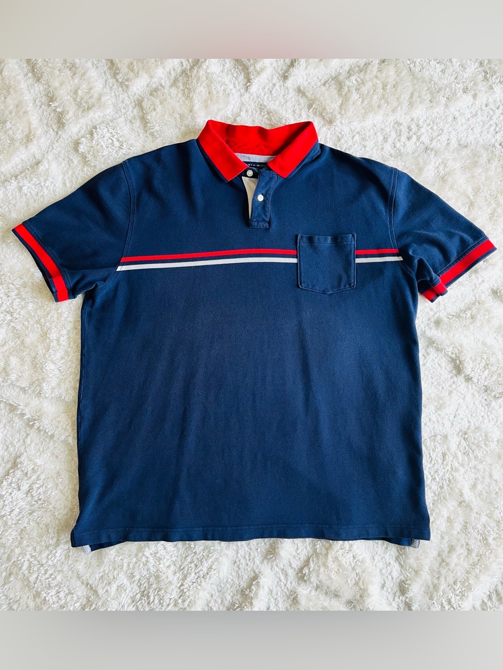 Tommy Hilfiger Navy Polo with Red Collar and Stripe Detail